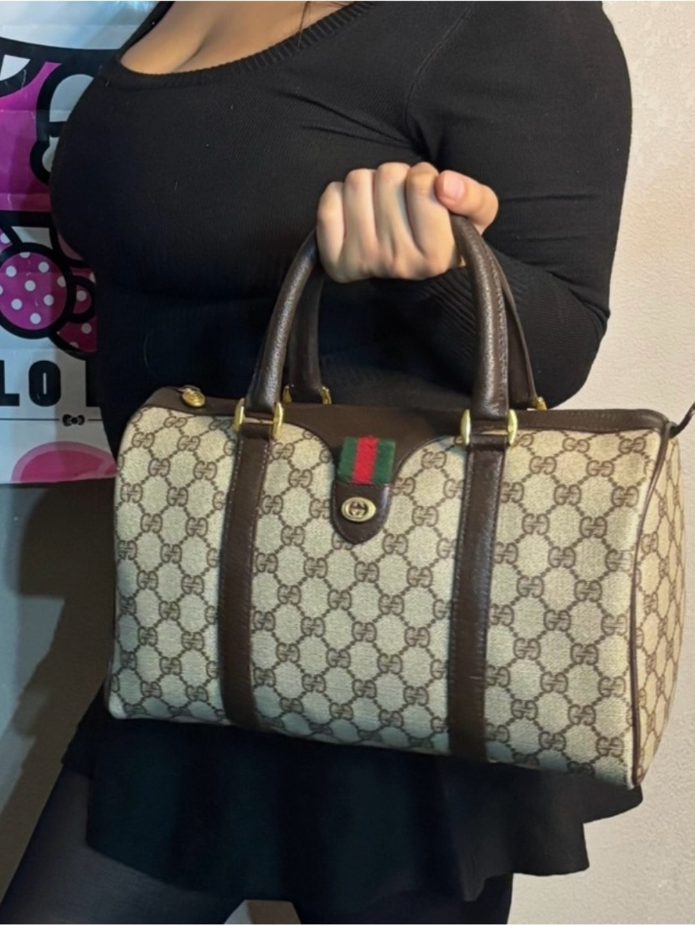 Gucci Beige Monogram Boston Bag with Brown Leather and Green/Red Web
